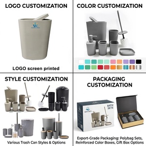 Juego de Accesorios de <span class=keywords><strong>Baño</strong></span> de Hotel de 6 Piezas de Plástico de Lujo Minimalista OEM, Negro, Blanco, Gris, Beige, Bote de <span class=keywords><strong>Basura</strong></span>, Dispensador de Jabón, Escobilla para Inodoro - Product Image 2