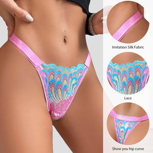 Tanga de encaje sin costuras de talle bajo para mujer, rosa, azul, con patrón de paisley bordado, tejido ultrafino - Product Image 2