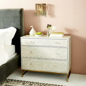 Modern Bone Inlay White Floral Pattern 3 Drawer <b>Chest</b> With Gold Base Bedroom <b>Storage</b> Cabinet - Product Image 1