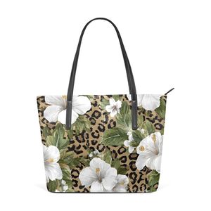Wholesale Custom <b>Leopard</b> <b>Print</b> PU Leather Shopping <b>Bag</b> Waterproof Hawaiian Hibiscus Design <b>Tote</b> <b>Bag</b> for Women - Product Image 2