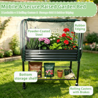 Jardinière mobile en métal galvanisé avec couvercle en filet et fenêtre d'accès avant, sur roulettes, avec étagère de rangement inférieure