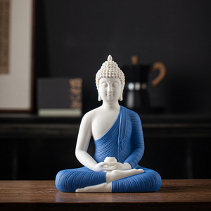 Statue de <span class=keywords><strong>Bouddha</strong></span> assis en céramique, <span class=keywords><strong>Bouddha</strong></span> multicolore à surface sablée, Ornement décoratif zen pour table de maison - Product Image 2