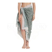 Sarung Katun Cetak Tangan Warna Abu-abu Dove dan Hijau Porselen untuk Wanita, Pakaian Pantai & Resor Musim Panas yang Ringan
