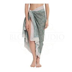 Sarong en coton imprimé à la main gris tourterelle et vert porcelaine pour femme, léger, idéal pour la plage et les vacances d'été - Product Image 5
