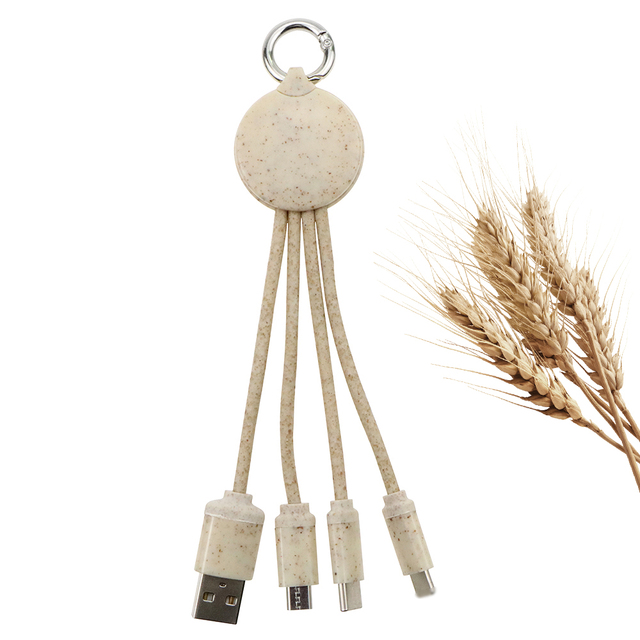 Eco-friendly Wheat Straw 3-in-1 Multi-USB Charging Data Cable 2A Fast Charging Pure Copper Conductor Biodegradable Custom Logo
