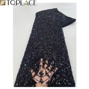 Wholesale Price Black Color French Lace Fabric With Sequins&Beads Embroidery Nigerian Tulle Lace For Wedding Party