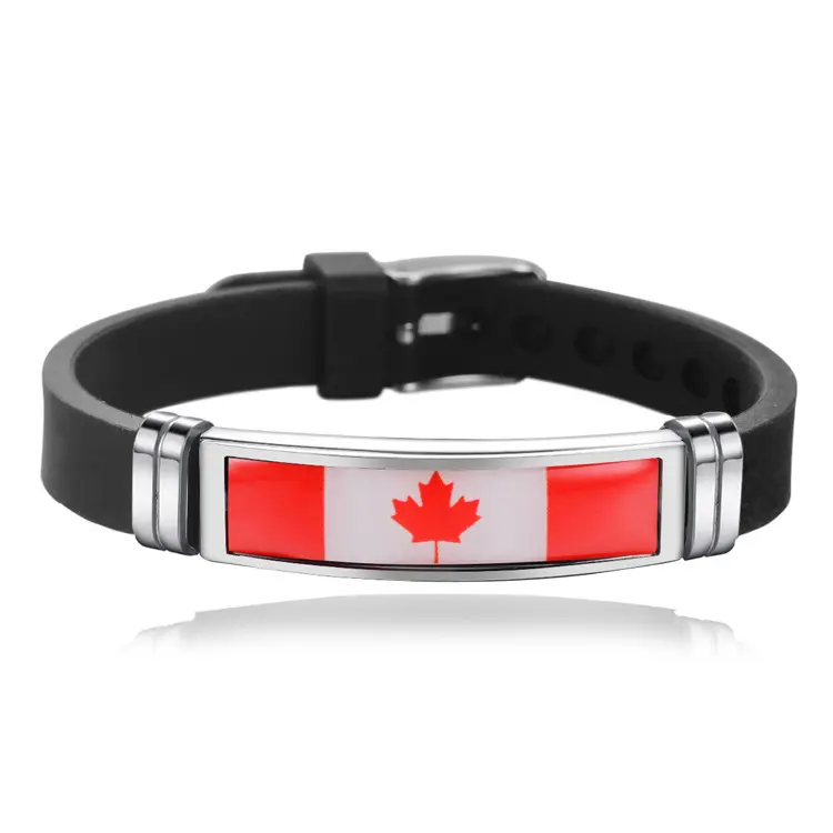 Custom Canada Roestvrij Staal Sleutelhanger Metalen Roestvrij Staal Canada Siliconen Polsband Armband