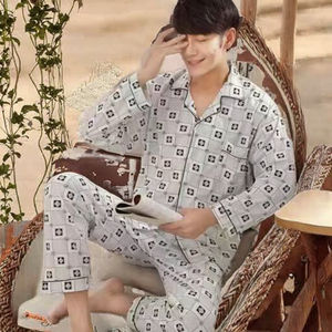 Pijamas Casuales para Hombre, Primavera y Otoño, Cuello Solapa, Cárdigan de Punto, Manga Larga, Ropa de Dormir, Dos Piezas - Product Image 3