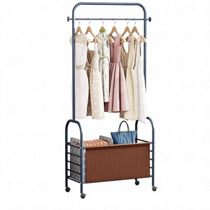 Minimalist Metal Clothing <b>Rack</b> With Wheels And Storage Basket For Wardrobe Use Standing Type Multifunctional Design - Product Image 3