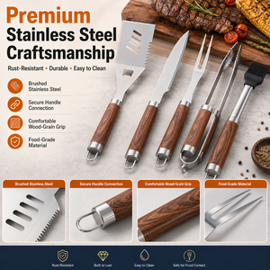 Ensemble d'outils de barbecue en acier inoxydable avec manche en bois, comprenant pinces, ciseaux, fourchette à viande, spatule, masse à viande, tapis et gants - Product Image 4