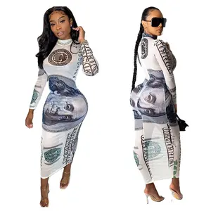 Z20257 2021 New Sexy Ladies Club Dress Woman Long Sleeve Party Bodycon Money Printed Mesh Dresses for Woman Clothing