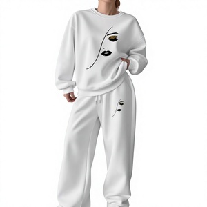 Women's <b>White</b> Two <b>Piece</b> Sweatshirt <b>Set</b> Face Print Sportswear Regular Fit Full Length Knitted Spandex/Cotton Tracksuit High Waist - Product Image 1