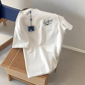 <span class=keywords><strong>T</strong></span>-<span class=keywords><strong>Shirt</strong></span> Décontracté d'É<span class=keywords><strong>t</strong></span>é pour <span class=keywords><strong>Femme</strong></span> 220G, Manches Courtes en <span class=keywords><strong>Coton</strong></span> Épais Tricoté avec Motif Imprimé et Logo – Vente en Gros - Product Image 1