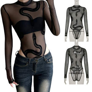 Body Sexy à Manches Longues pour Femme Imprimé Animal Serpent Noir en Maille Transparente Combinaison Intégrale OEM Tissu en Maille Moulant et Skinny - Product Image 1