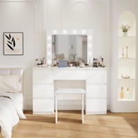 Commande en gros - Table de maquillage minimaliste en bois blanc avec éclairage réglable 3 couleurs et 12 ampoules LED