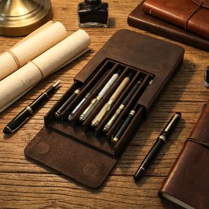Crazy Horse Leather Pen case Handmade <b>6</b>-slot Magnetic <b>Drawer</b> Style Student Genuine Leather Fountain Pen Storage Box Modern - Product Image 1