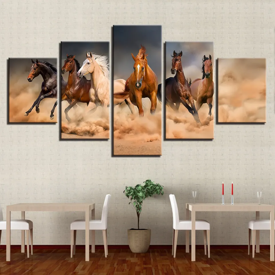 Pictures For Living Room 5 Panel Animal Horses Abstract Canvas Art Poster Style Wall Modern Decoration Paintings