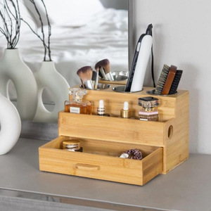 Bamboo Cosmetic Storage <b>Box</b> With Drawer And Layered Rack For <b>Makeup</b> And Hair Tools Desktop Organizer - Product Image 1