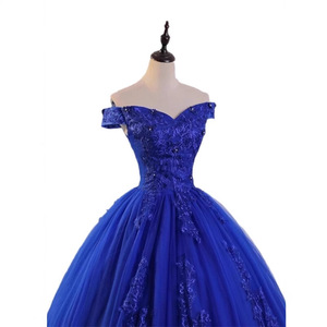 Blue Off-Shoulder Ball Gown Empire Waist Chiffon Floral Print Evening Dress for Women - Product Image 5