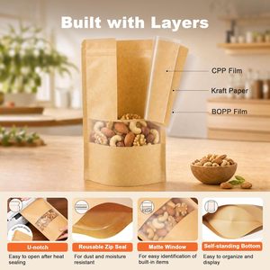 Sachets en papier refermables FireKylin 100 ml avec fenêtre mate pour le stockage alimentaire, sacs kraft marron à fond plat, fermeture éclair, thermoscellables - Product Image 4