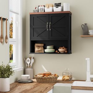 Gabinete de baño montado en la pared estilo granja SENYU con puertas correderas y estantería abierta - Product Image 4