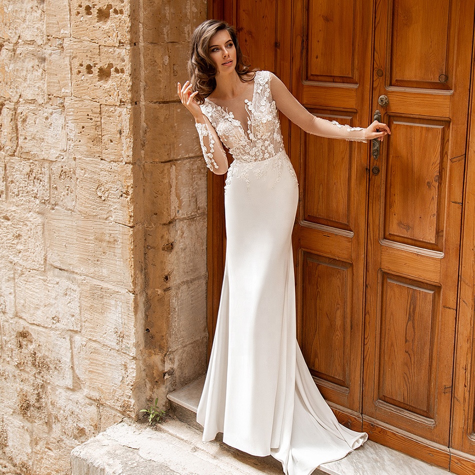 Fish Cut Sexy Open Back New Illusion Long Sleeve Wedding Dress
