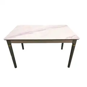 Mesa de jantar em pedra sinterizada estilo italiano europeu, mesa de jantar em mármore com estrutura de metal, pernas douradas