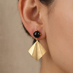 Checker Cut Black Onyx Cushion Gemstone Drop Stud Earring with <b>Brushed</b> Finish Metal Brass 18k Gold Plated Women Jewelry Earring - Product Image 2