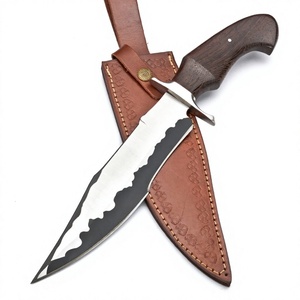 Couteaux de chasse en acier au carbone, manche en bois, lame partiellement dentelée, étui en cuir, survie en plein air - Product Image 1