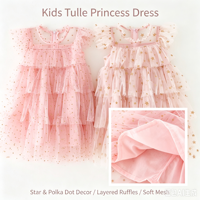 Robe en tulle rose pour filles, imprimé étoiles dorées, robe à volants, sans manches, robe de princesse pour fête, pour les tout-petits et les enfants