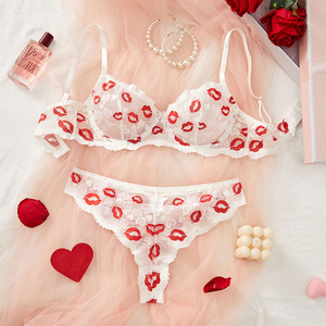 Conjunto de lencería sexy con estampado de labios WX129 Hot Girls, conjunto de sujetador y braga de encaje de 2 piezas, cuello en V profundo, lencería sensual para mujer. - Product Image 4
