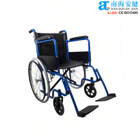 Kursi Roda Manual Baja AJ-801 Warna Biru Cantik dengan Rem Tangan, Sandaran Kaki Lipat, Desain Menarik, Ideal untuk Alat Bantu Mobilitas