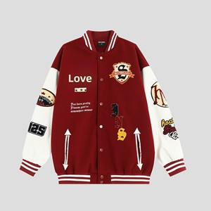 Trendy Brand Couples Chinese Style Flocked Towel Embroidery Varsity Jacket Loose Casual Mens Winter Front - Product Image 1
