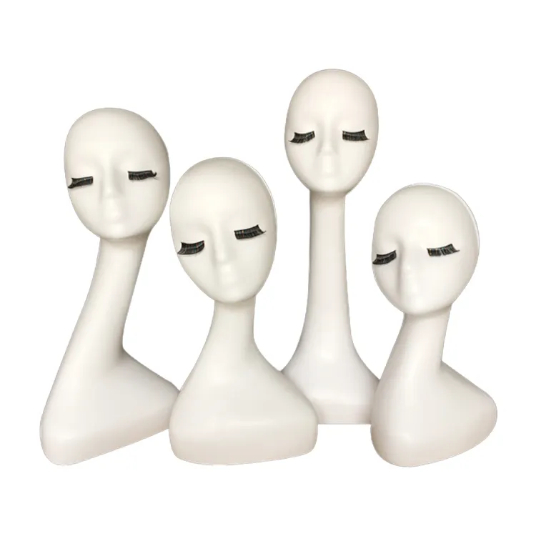 Wholesale white plastic eyelashes long neck abstract female mannequin head for hat wigs display for eyelash training