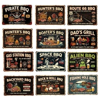 Panneaux métalliques décoratifs sur le thème du barbecue américain rétro, affiches en étain amusantes sur le thème du pirate, du chasseur et de l'espace, pour la décoration murale de bar, de pub ou de man cave, cadeau de déménagement unique
