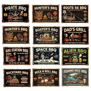 Insegne in Metallo a Tema BBQ Americano Retrò, Divertenti Poster in Latta con Pirati e <span class=keywords><strong>Cacciatori</strong></span> Spaziali, Decorazione da Parete per Man Cave e Pub, Regalo Unico per l'Inaugurazione della Casa - Product Image 1