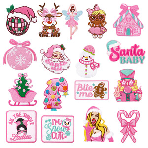 Parche Bordado Termoadhesivo de PVC y Tela Vaquera, Diseño Navideño de Bebé Santa Rosa Estilo Preppy, con Bola de Discoteca, para Manualidades DIY Festivas - Product Image 1