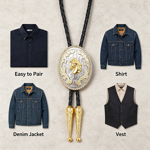 Cravate Bolo Western avec pendentif ovale en forme de cheval, finition métallique bicolore, cordon en cuir tressé, style classique, accessoire à porter au quotidien - Product Image 4