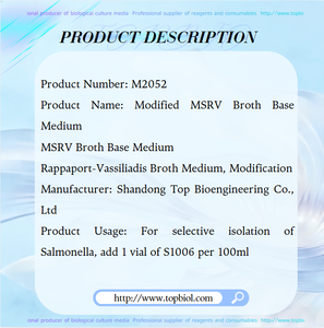 Milieu de culture Rappaport-Vassiliadis, modification pour l'isolement sélectif de la Salmonella, 1 <span class=keywords><strong>tube</strong></span> de S1006 doit être ajouté par... - Product Image 4