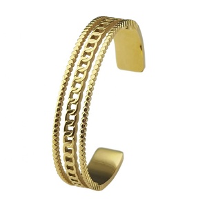 18K Gold Plated Stainless Steel Jewelry Chain <strong>Bead</strong> Three Layer Open Cuff Hollow Wide Bangle Accessories <strong>Bracelet</strong> B222275 - Product Image 1