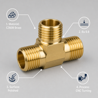 Conector de Tubo em T Polido de Latão C3600 de Corte Livre para Torneamento CNC, Direto da Fábrica, Rosca Personalizada