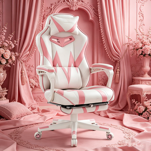 Linda Silla de Juego Ergonómica para Computadora, Silla de Juego Rosa Encantadora de Estilo Europeo con Reposapiés para Niña - Product Image 1