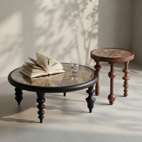 Table basse ronde de style rétro en bois de frêne ciré blanc avec plateau en verre trempé et décorations sculptées, mobilier de salon