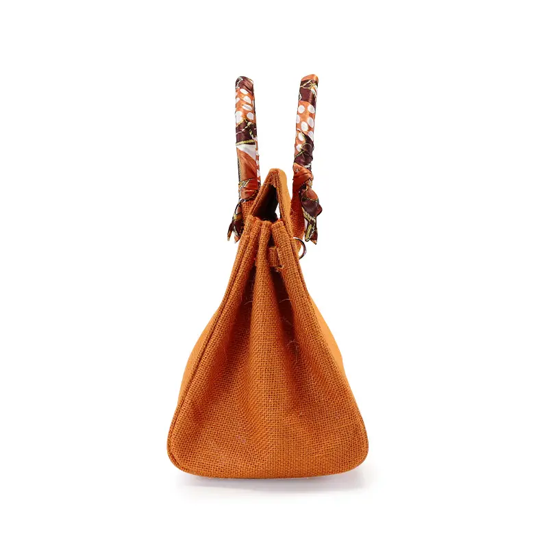 Bolso de yute personalizado de alta gama con bufanda de seda para mujer, bolso de mano grande de cuero Pu