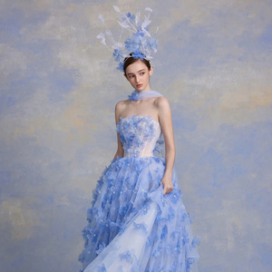 Strapless Blue Cherry Blossoms Wedding Gown Empire Waist Tulle Ball Gown Floral Print Princess Style - Product Image 5