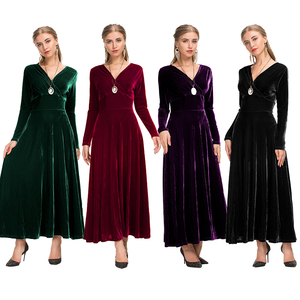Las mujeres de baile de fiesta rojo vestido largo con cuello en V de manga completa falda alta cintura vestido de <span class=keywords><strong>terciopelo</strong></span> - Product Image 1