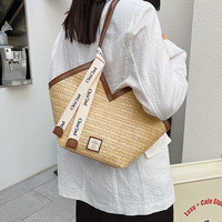 Bolso Tote de Paja Tejida a la Moda |   Bolso de Hombro de Gran Capacidad para Mujer con Correa Personalizada con Logotipo para Viajes y Compras