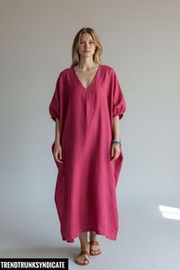 Vestido Largo de Lino/Algodón Amarillo para Mujer, Cuello en V Profundo, Manga Corta, Silueta en A, Cinturón, Transpirable, para Fiestas - Product Image 6