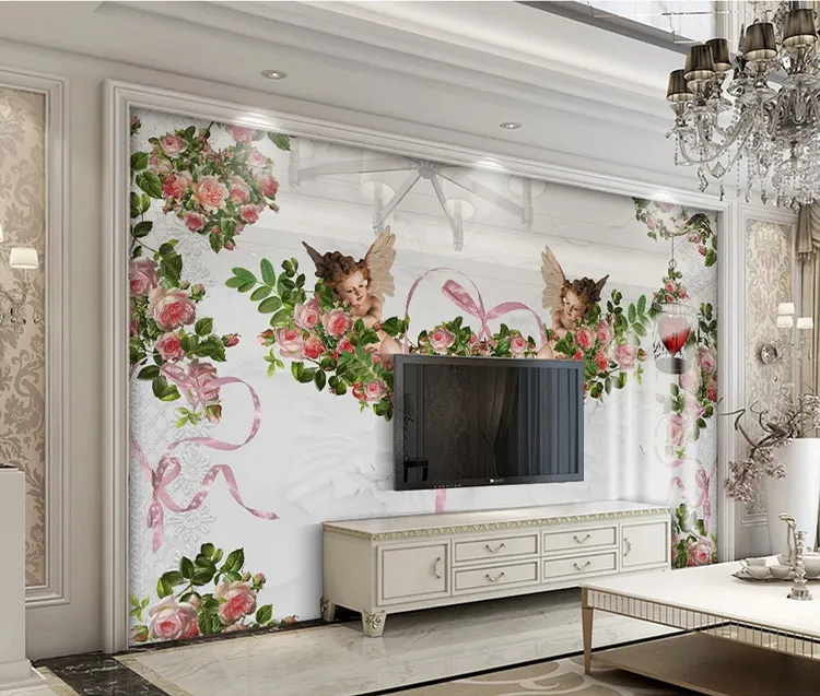 European elegant wall paper little angel cupid wall mural rose home decoration wallpaper