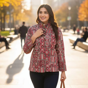 เสื้อแจ็คเก็ตผ้าควิลท์แบบกลับด้านได้ งานแฮนด์เมดจากเมืองชัยปุระ ลายพิมพ์ชาติพันธุ์ ผ้าฝ้าย อุ่นสบาย เหมาะสำหรับฤดูหนาว สำหรับผู้หญิง - Product Image 1